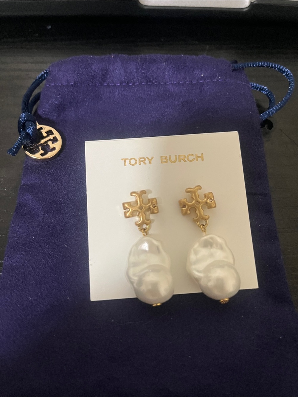 Tory Burch Gold Logo Drop Earrings with White Baroque Pearls
